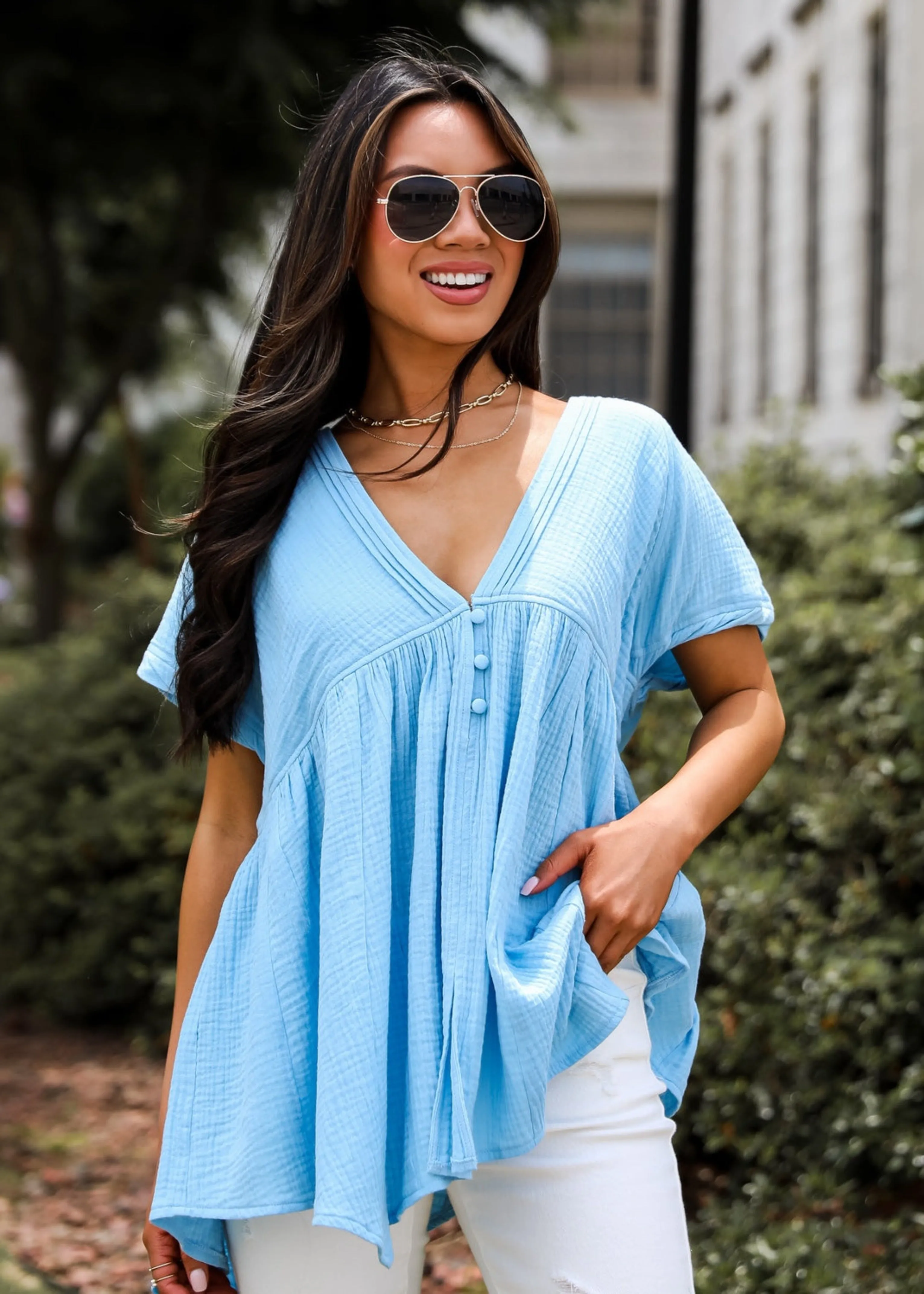 FINAL SALE - Blissful Icon Light Blue Linen Blouse