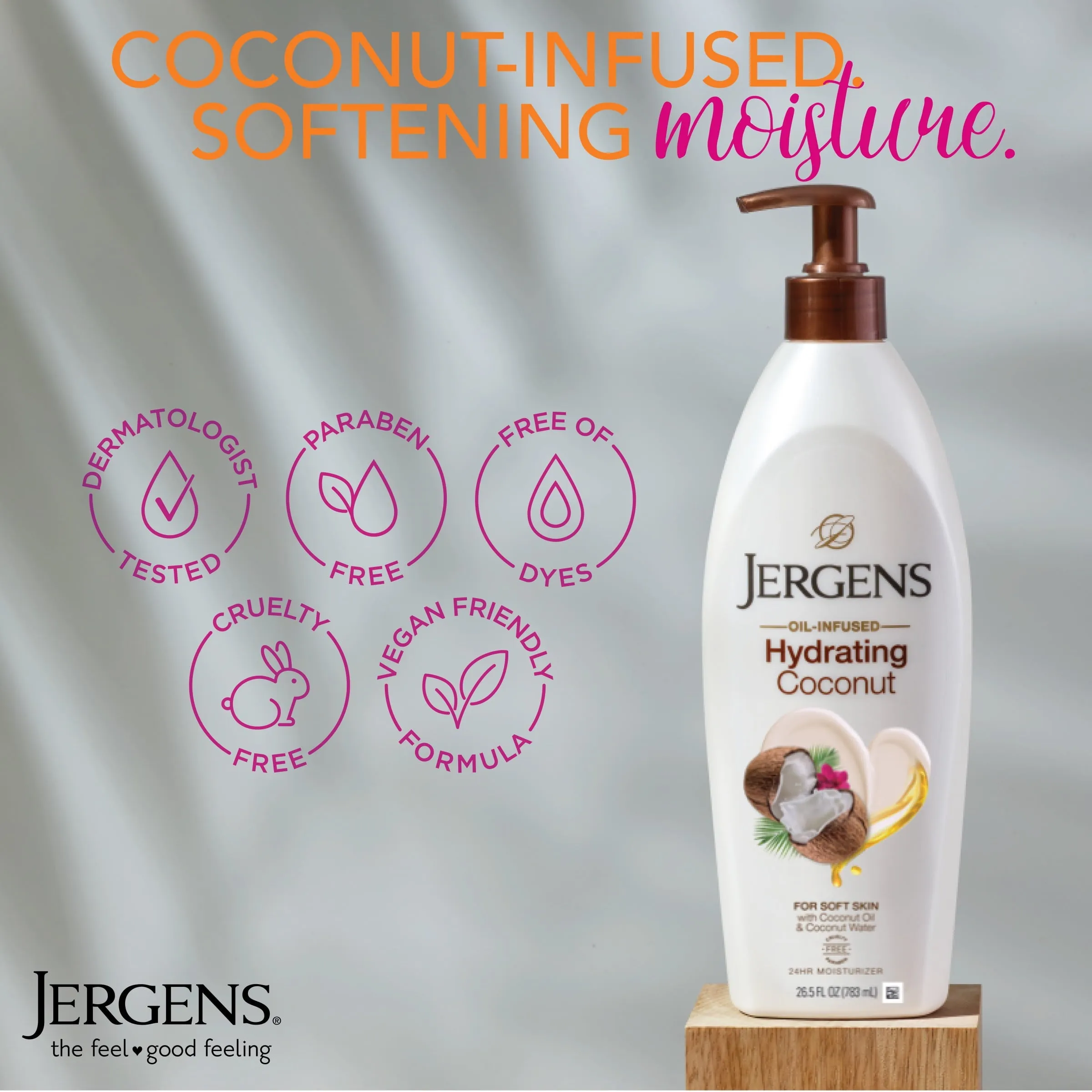 Jergens Hand and Body Lotion, Oil-Infused Coconut Moisturizer, 24hr Hydration, 26.5 fl oz