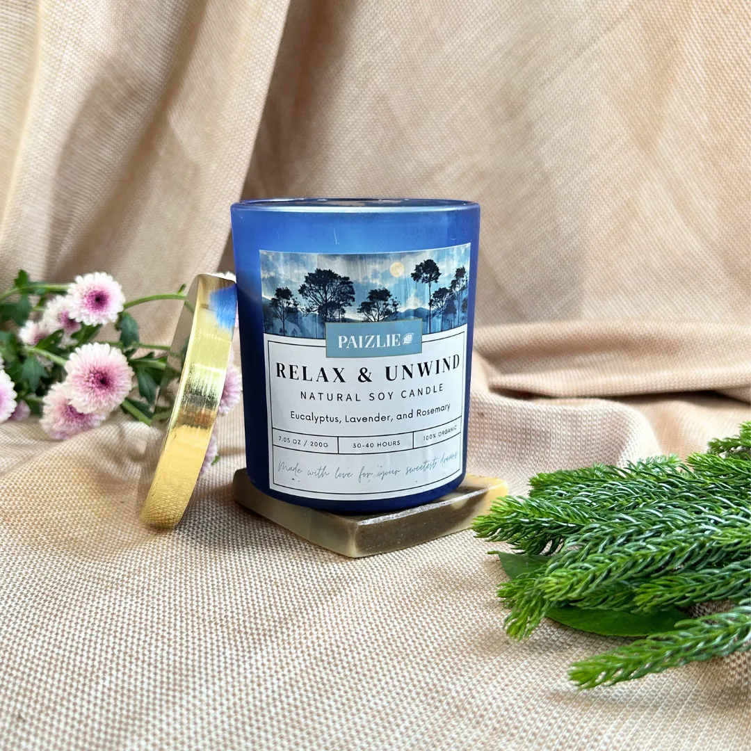 Relax & Unwind Scented Candle | Handmade with Pure Soy Wax | Organic Essential Oils of Eucalyptus, Rosemary & Lavender