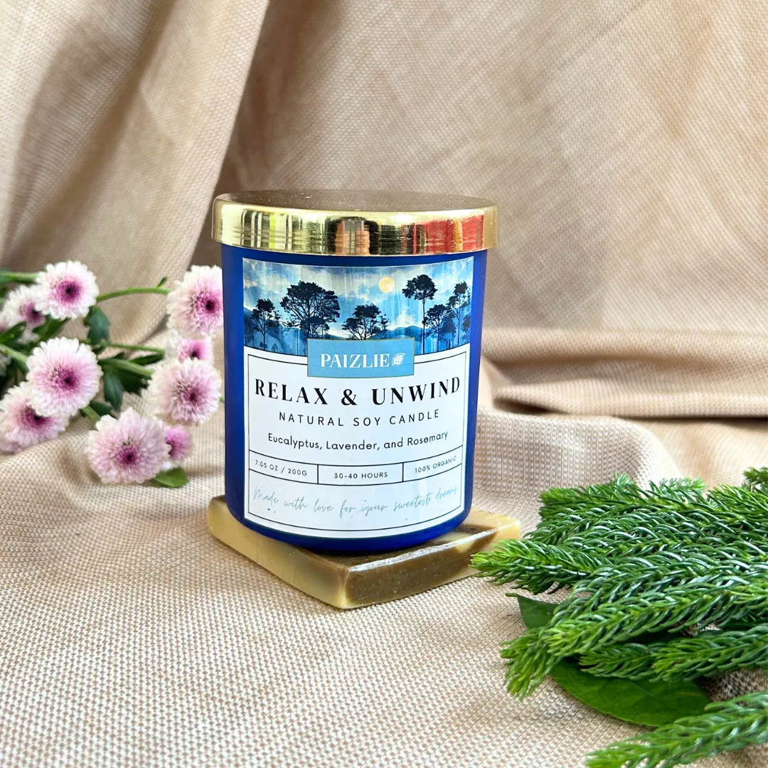 Relax & Unwind Scented Candle | Handmade with Pure Soy Wax | Organic Essential Oils of Eucalyptus, Rosemary & Lavender