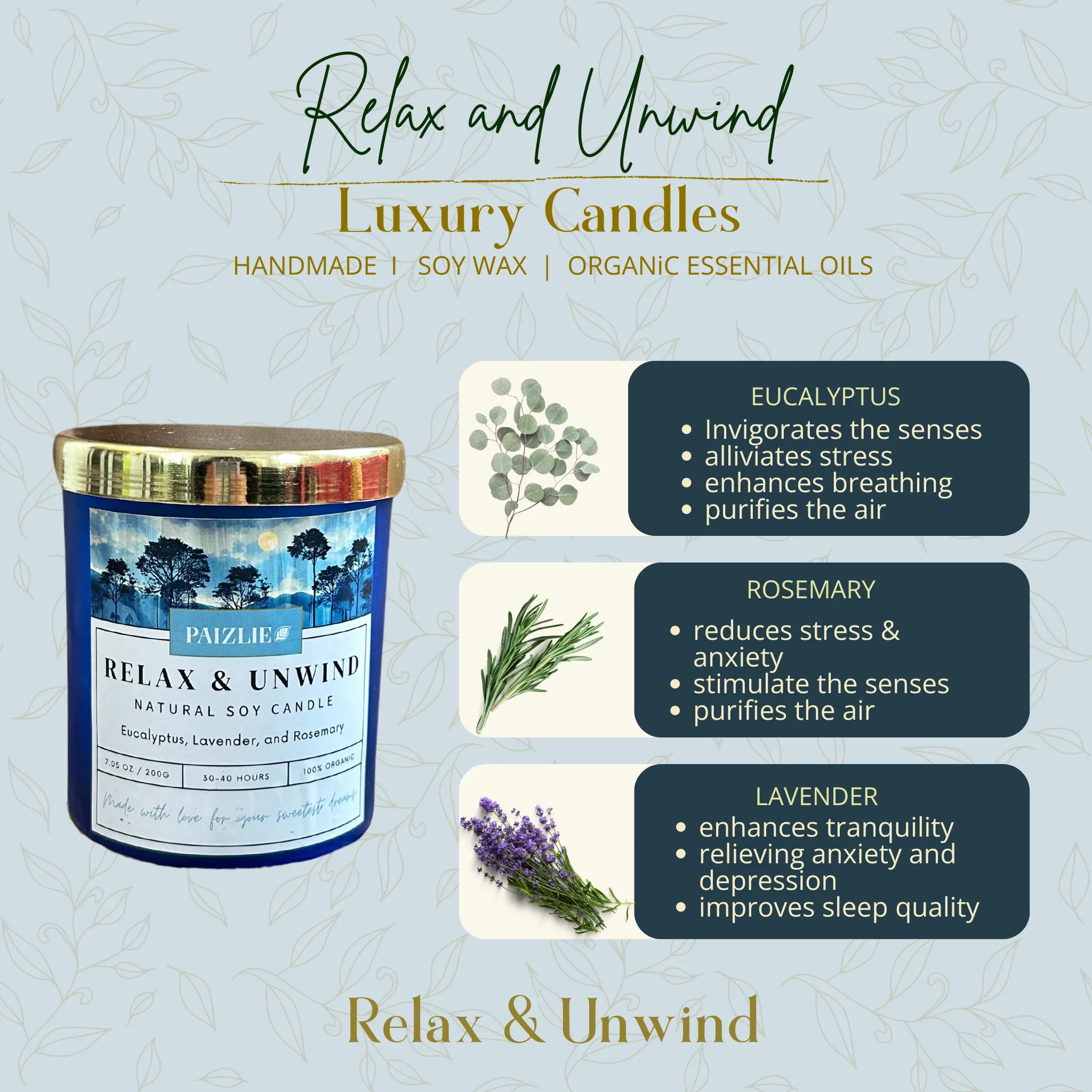 Relax & Unwind Scented Candle | Handmade with Pure Soy Wax | Organic Essential Oils of Eucalyptus, Rosemary & Lavender