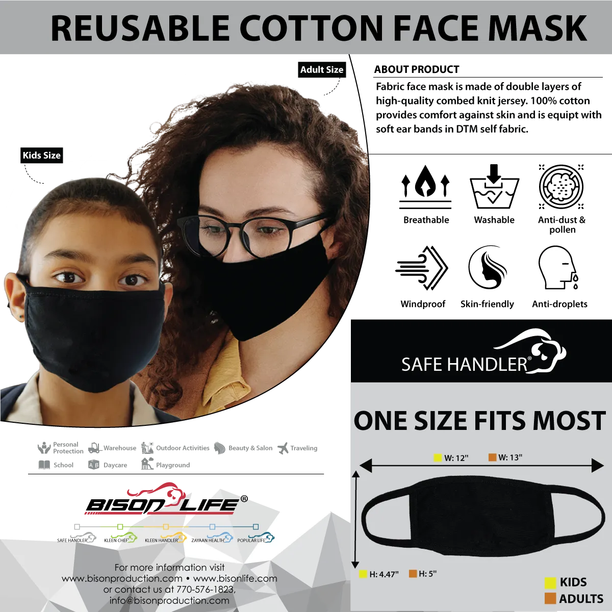 Reusable 2 Ply Cotton Face Mask, Washable Mask, Soft Breathable, Black