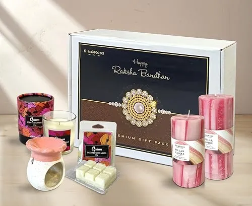 Sim & Ross | Premium Rakhi Gift Set for Brother/Bhai/Veera | Featuring Decorative Burner, Wax Melts, Scented Opium Candle, Marble Effects Pillar Candle | Perfect for Raksha Bandhan | (Pink)