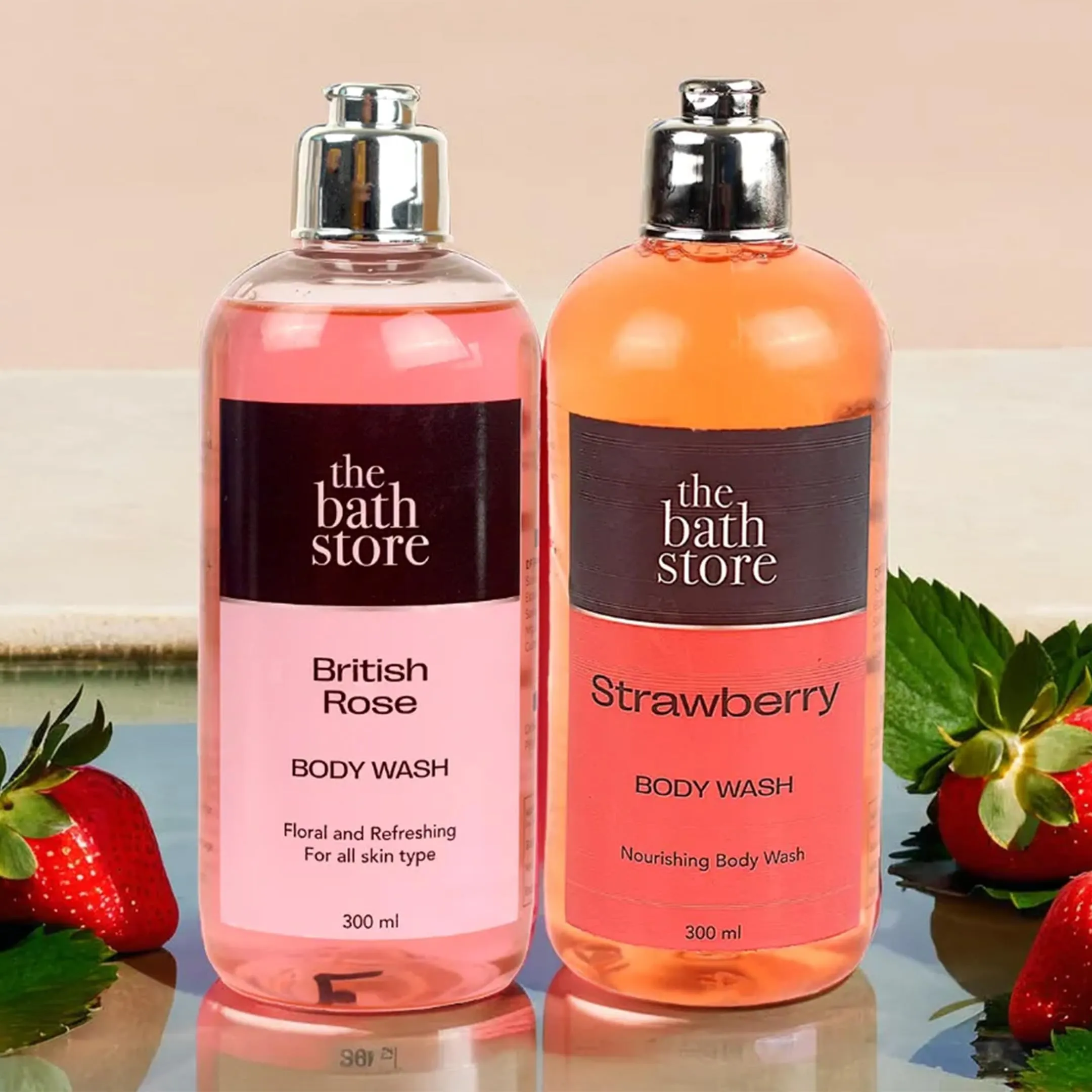 The Bath Store Body Wash Shower Gel Pack of 2 (Strawberry   British Rose) | Moisturizing Body Wash For Dry Skin & Oily Skin | Tan Removal Body Wash For men & women - (300 * 2) ml