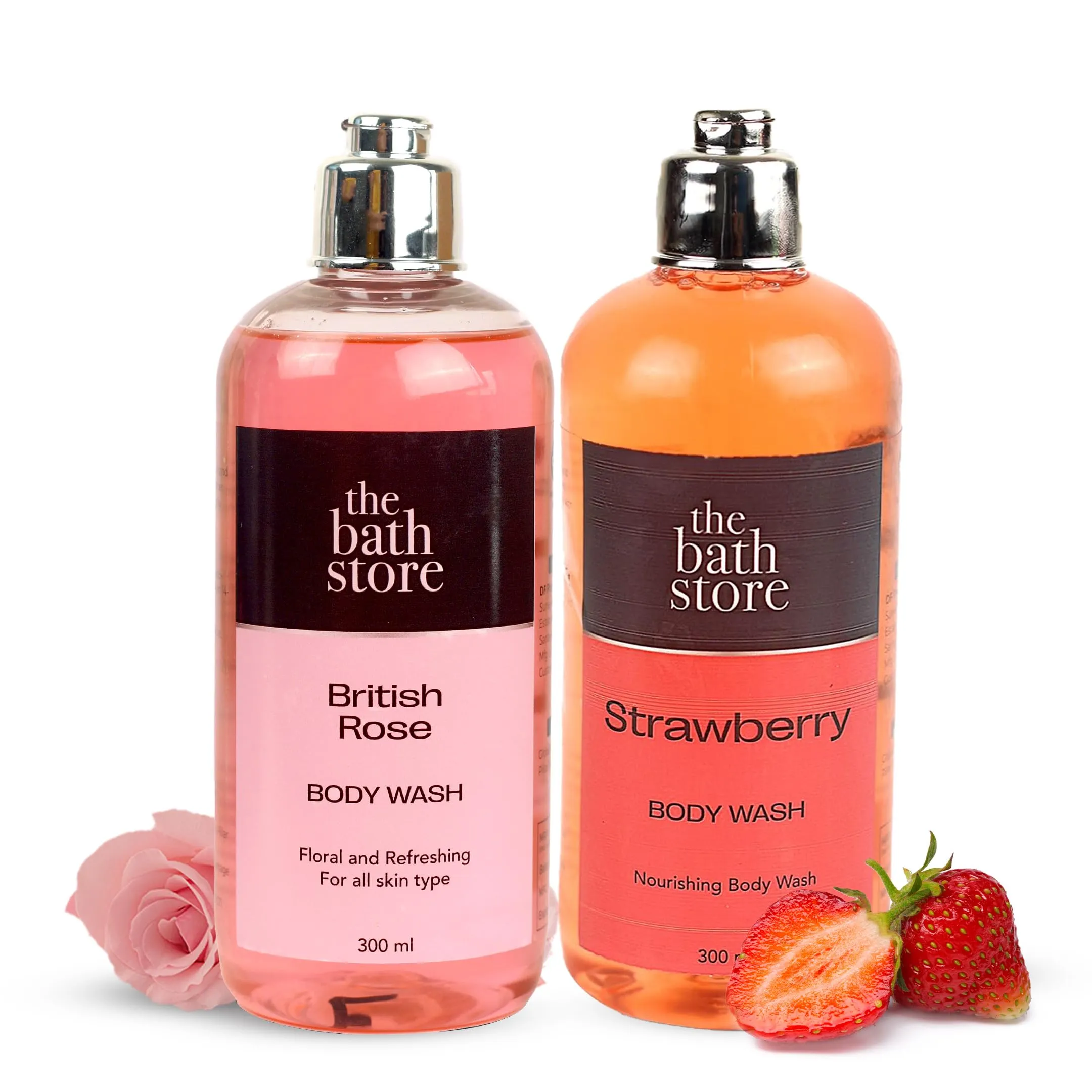 The Bath Store Body Wash Shower Gel Pack of 2 (Strawberry   British Rose) | Moisturizing Body Wash For Dry Skin & Oily Skin | Tan Removal Body Wash For men & women - (300 * 2) ml