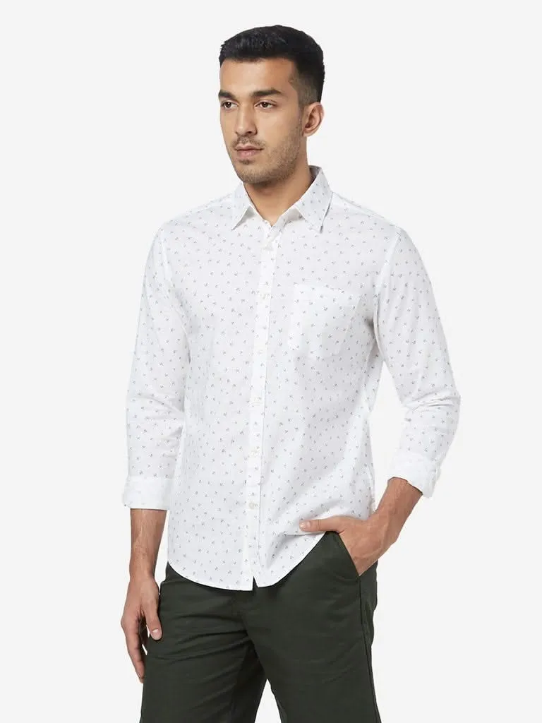 WES Casuals White Printed Slim-Fit Shirt